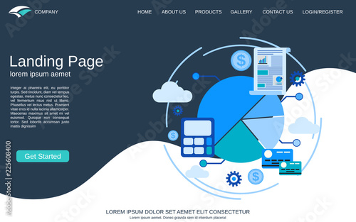 Website landing page vector template. Blue-white background with flat style business concept illustration