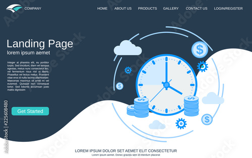 Website landing page vector template. Abstract geometric style background with time is money concept illustration