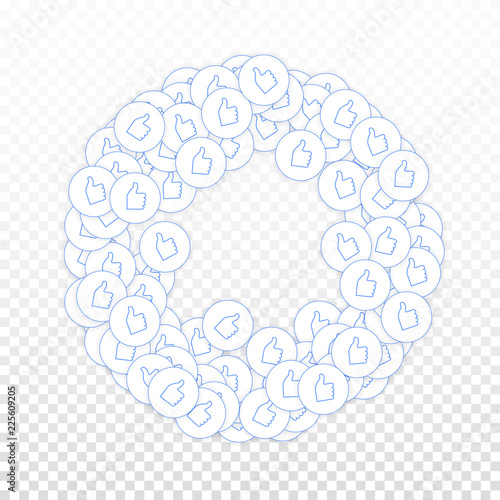 Social media icons. Social media marketing concept. Falling scattered thumbs up. Round frame element
