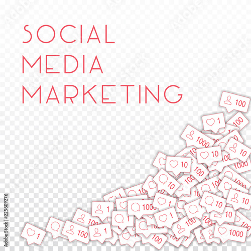 Social media icons. Social media marketing concept. Falling counter comment friend notification. Bot