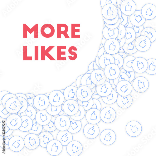 Social media icons. More likes concept. Falling scattered thumbs up. Perfect big radiant left top co