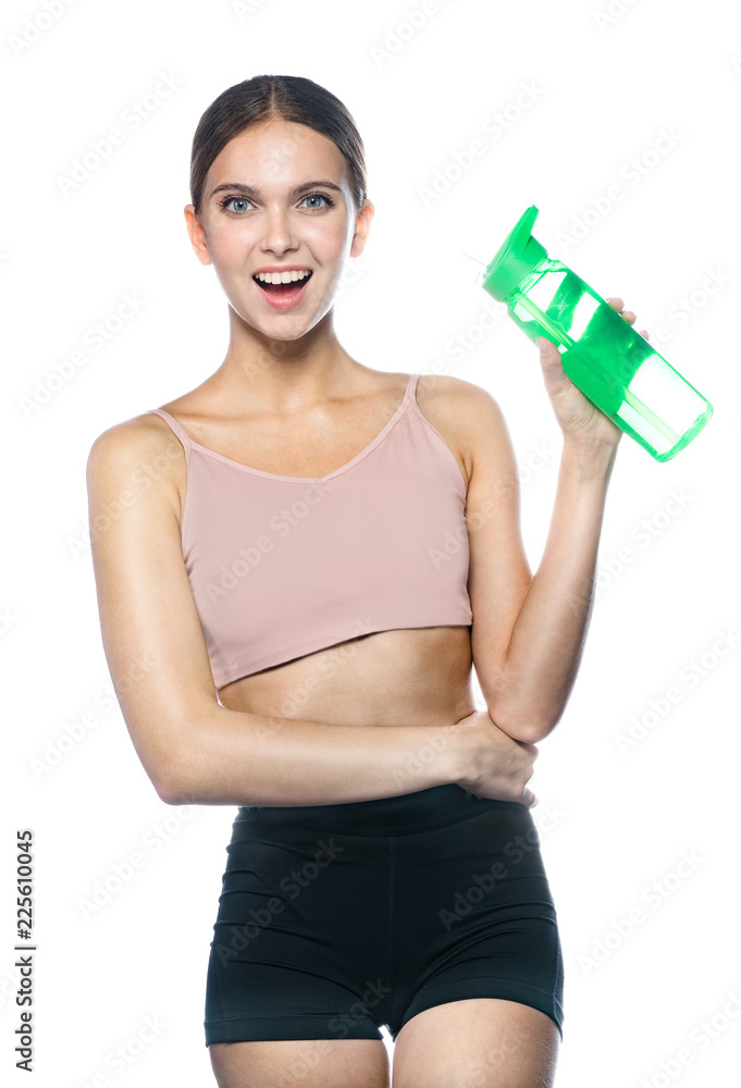 portrait of attractive caucasian smiling woman isolated on white studio shot drinking water sport fitness portrait of attractive caucasian smiling woman isolated on white studio shot drinking water sport fitness