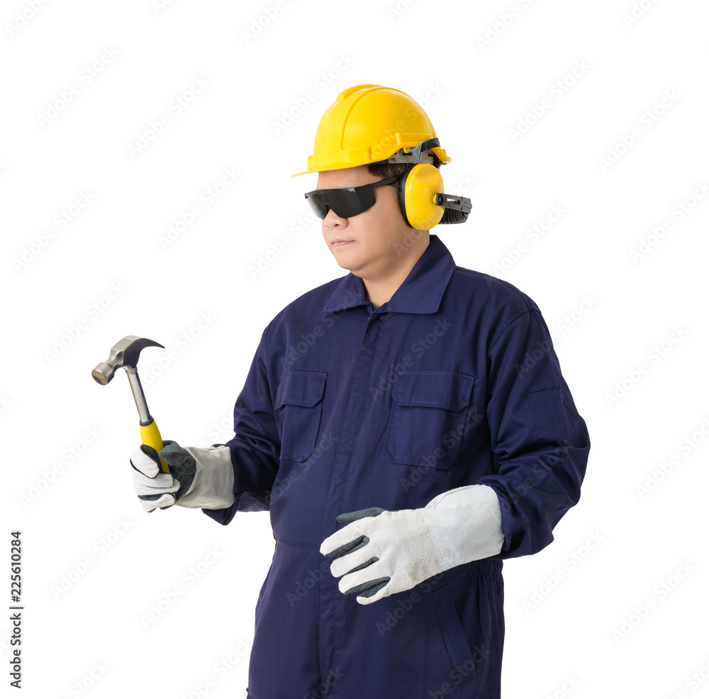 portrait of a worker in Mechanic Jumpsuit is Holding a hammer isolated on white background portrait of a worker in Mechanic Jumpsuit is Holding a hammer isolated on white background