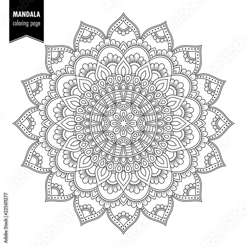 Monochrome ethnic mandala design. Anti-stress coloring page for adults. Hand drawn illustration
