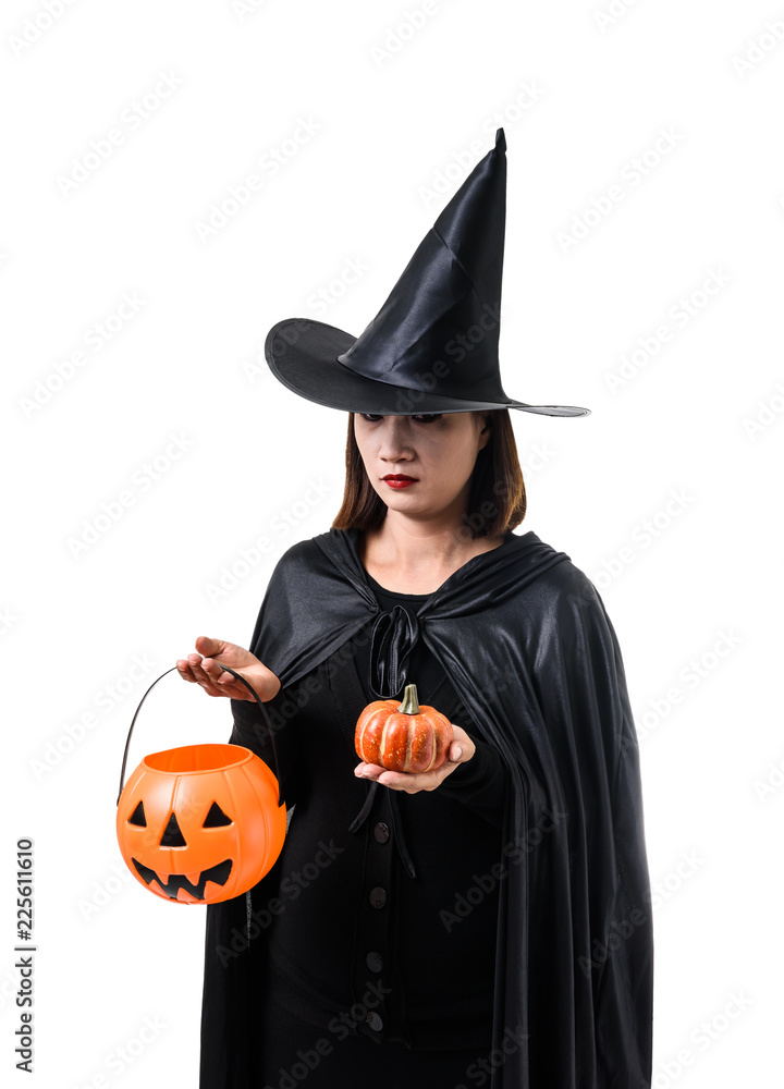 Portrait of woman in black Scary witch halloween costume standing with hat isolated on white background Portrait of woman in black Scary witch halloween costume standing with hat isolated on white background