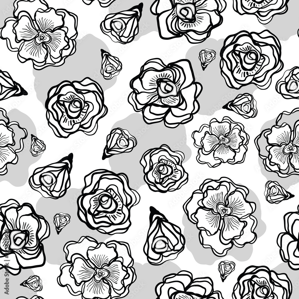 Black on White Flower Line Art Seamless Vector Pattern. Hand Drawn Floral  Rose Texture Graphic for Packaging, Fashion Prints, Stationary, Paper Goods  and Trendy Wrapping. Monochrome Style Backdrop. Stock Vector