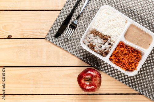 Minced meat, rice, beans and pumpkin photo