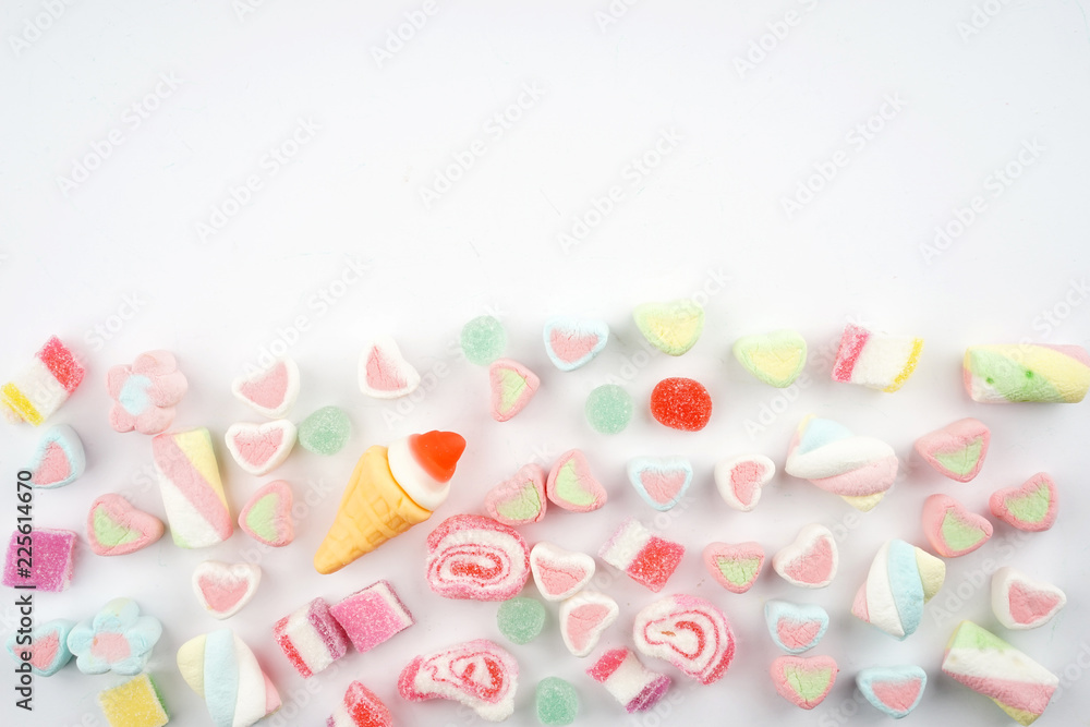 Creative arrangements of confectionery or candies on a white background. Flat lay. Creative arrangements of confectionery or candies on a white background. Flat lay.