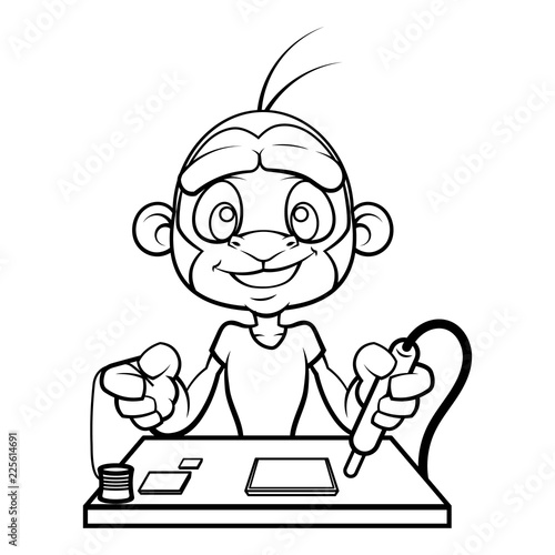 Technician Monkey repair a electronics hardware with steam solder Coloring Book Cartoon Vector