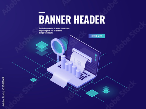 Big data processing and analysis isometric icon, smart business technology, laptop with magnifying glass and chart, online