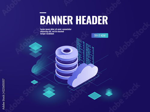 Database and data processing isometric icon vector, data center cloud storage, server room technology, programming and coding dark neon