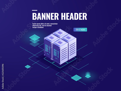 Server room isometric icon, big data processing, data warehouse, cloud storage technology vector dark neon