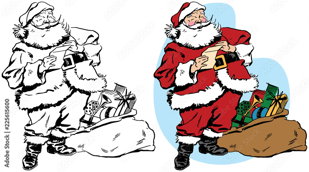 Santa Claus laughs as he reads his list next to his sack of wrapped Christmas presents. 