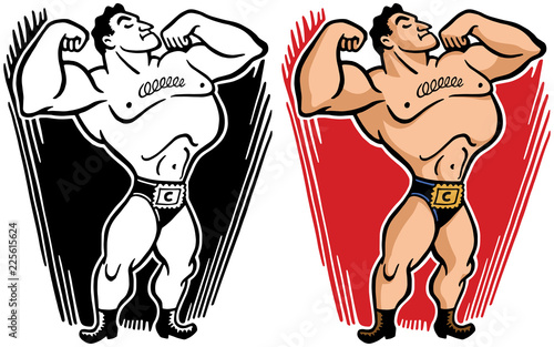 A bodybuilder poses and flexes his muscles. 