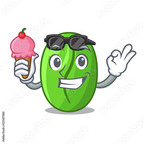 With ice cream green coffee beans in cartoon coffee bag