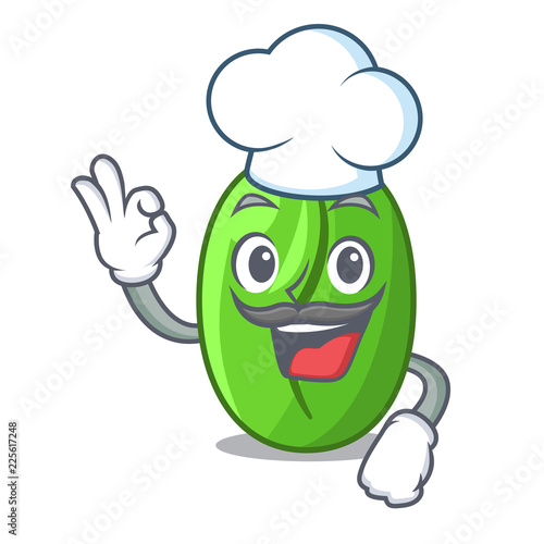 Chef green coffee beans in cartoon coffee bag