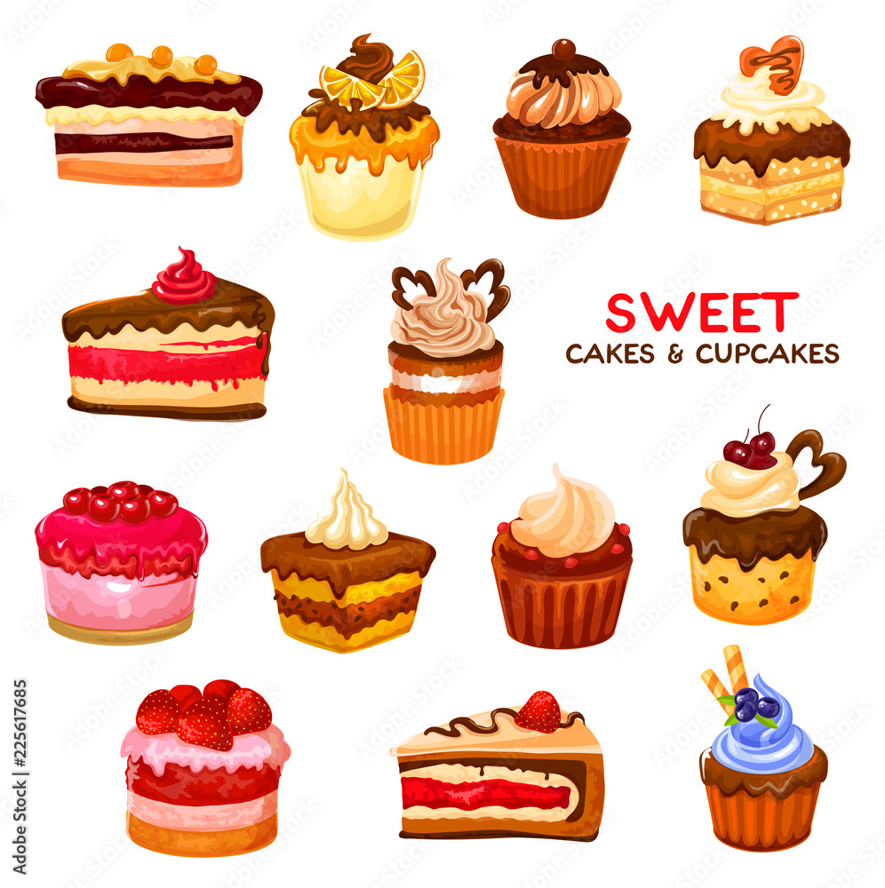 Cake and cupcake desserts with cream and berries Cake and cupcake desserts with cream and berries