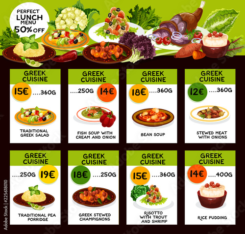 Greek cuisine menu with prices and lunch dishes