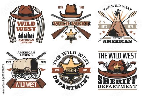 Wild West symbols with sheriff cowboy hat and guns