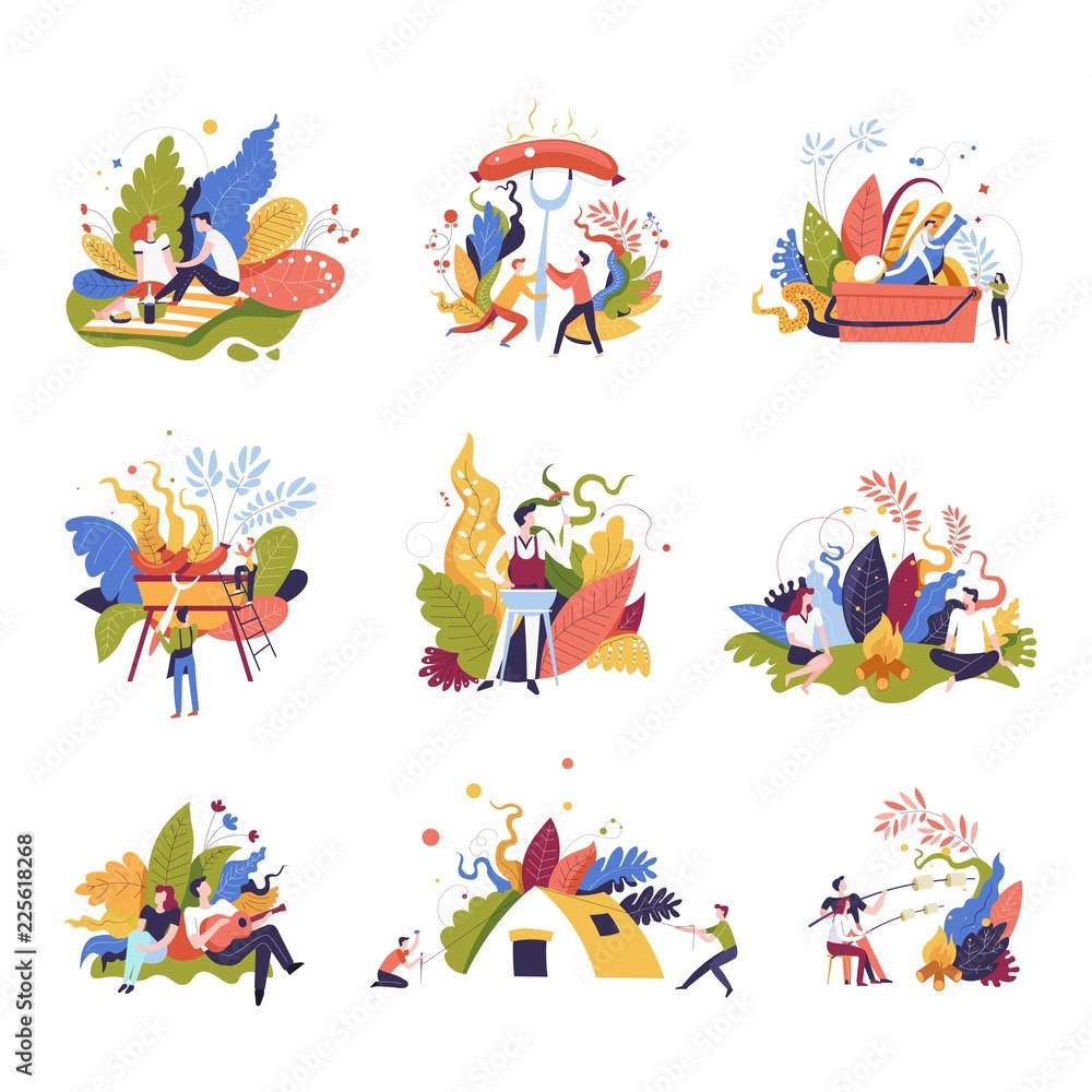 Obraz premium Picnic summer vacation of people roasting sausages vector