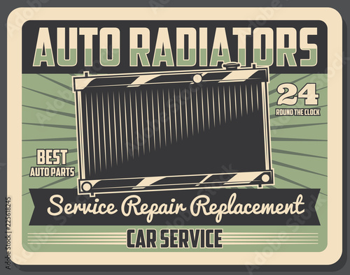 Car repair service retro poster with auto radiator