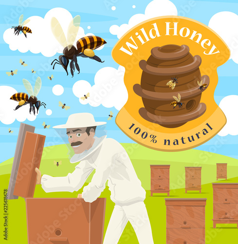 Honey farm poster with male beekeeper at apiary