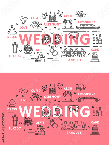 Wedding ceremony line art poster of outline icons