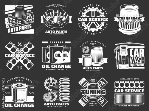 Car service and auto parts monochrome icons vector