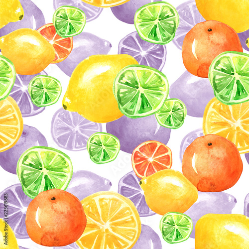 Vintage seamless pattern with watercolors - from tropical fruit  citrus spray  lemon  orange  lime  grapefruitpaint splash. Bright fashionable background. drawing on white background. 