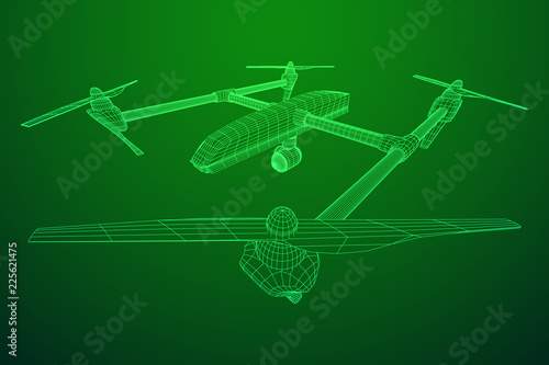 Remote control air drone. Dron flying with action video camera. Wireframe low poly mesh vector illustration
