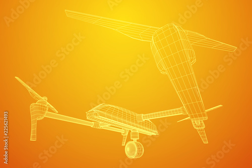 Remote control air drone. Dron flying with action video camera. Wireframe low poly mesh vector illustration