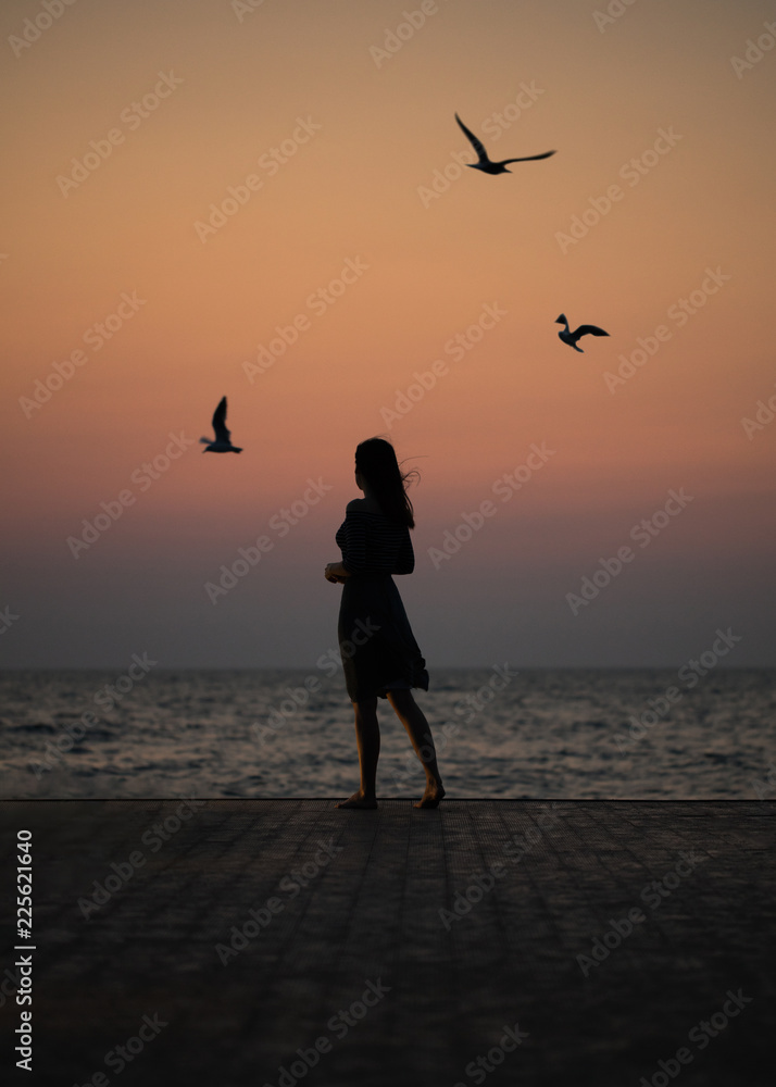 Silhouette of a girl on a sunset background (sunrise) on the sea, horizon line.