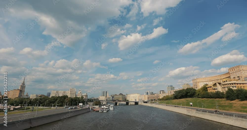 Timelapse view of Moscow Kremlin and Moskva River, Moscow, Russia. Tourist ships navigate in Moscow river Timelapse view of Moscow Kremlin and Moskva River, Moscow, Russia. Tourist ships navigate in Moscow river