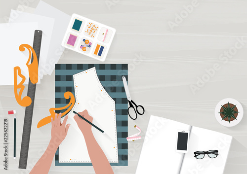 Women writing pattern clothes on the table with accessories other. Flat illustration top view. Vector illustration