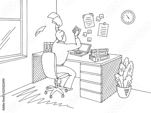 Man sitting on a chair and throwing paper feeling stress. Office room graphic black white interior sketch illustration vector 