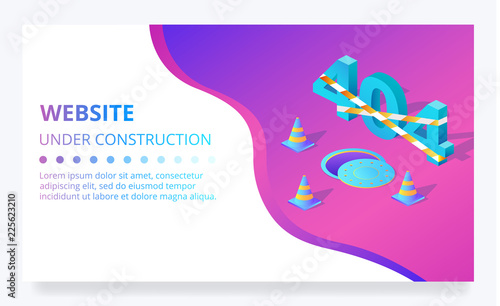 404 error web page or site under construction vector illustration template. Internet technology design with manhole and restriction stripe tape and stop signal cone on purple ultraviolet background