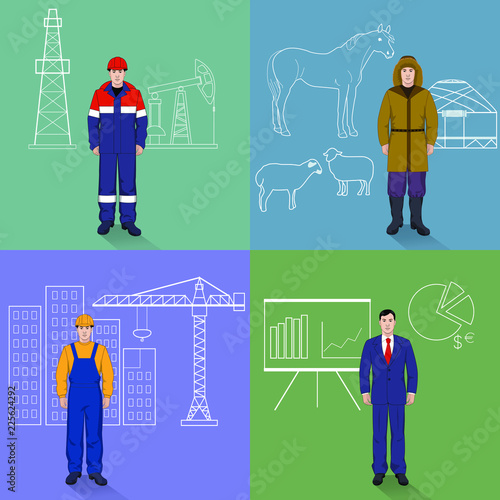 Professions in Kazakhstan. Vector set. Shepherd, builder, banker, oilman.