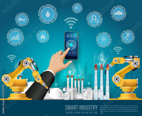 Move to factory and industry in the future. People connecting with a factory using smartphone and exchanging data with a neural network. Smart industry 4.0 infographic. Artificial intelligence.