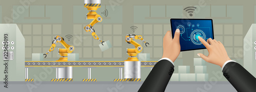Move to factory and industry in the future. People connecting with a factory using smartphone and exchanging data with a neural network. Smart industry 4.0 infographic. Artificial intelligence.