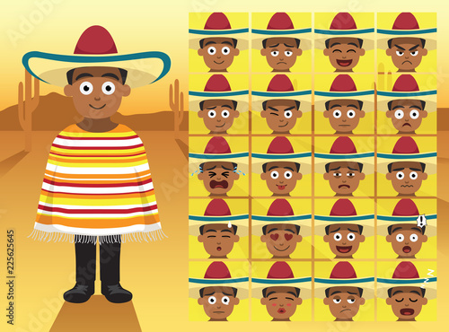 Mexican Traditional Boy Cartoon Emotion faces Vector Illustration
