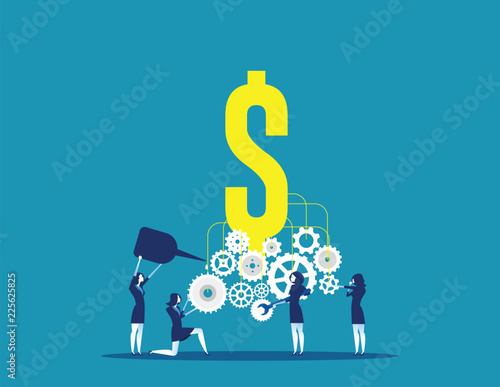 Business team building a money machine. Concept business vector, Machine, Gear,  Teamwork.