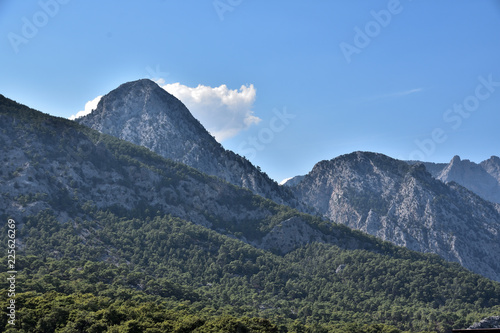 Fototapeta Naklejka Na Ścianę i Meble -  beautiful cloud over the peaks of the Taurus mountains covered with green vegetation, against the background of the blue sky in the evening