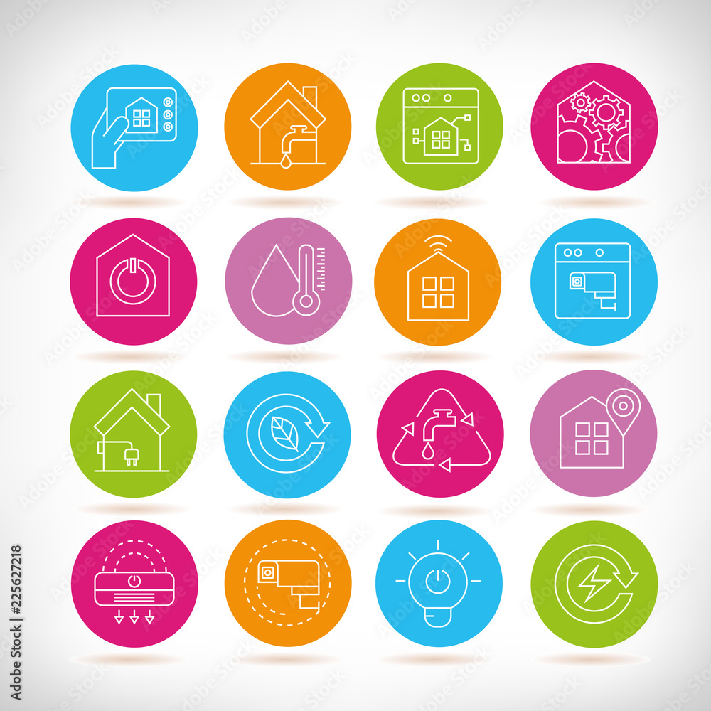 smart home and home automation system icons in colorful buttons smart home and home automation system icons in colorful buttons