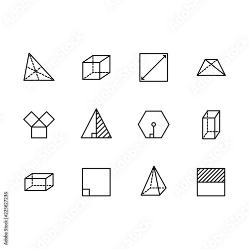 Simple set geometric figures vector line icon. Contains such square, cube, rectangle, hexagon, triangle, trapezium, angles and lines, degree of angle and other.