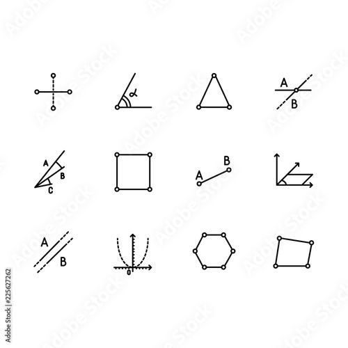 Simple set geometric figures vector line icon. Contains such angle, triangle, parallel straight lines, intersection, points, parabola graph, hexagon and other.