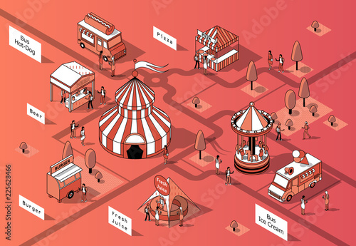 Vector 3d isometric food festival, courts and trucks. Circus in middle of square with shops. Mobile markets with canopy made in black thin lines. Urban concept, elements for map of town, marketplace.