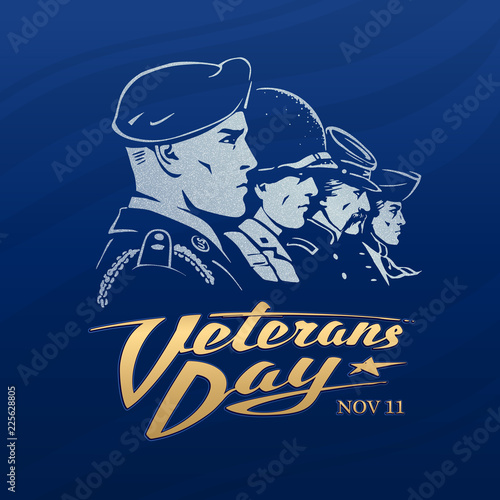 Veterans Day. Dark blue vector sticker with a faces of American soldiers. Rank of profile portraits includes airborne paratrooper, marine, rifleman and a minuteman. Golden calligraphy. Retro style.
