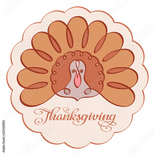 Thanksgiving invitation sticker. Elegant hand drawn turkey bird and calligraphic logo with a vintage flourishes. Cute symbol of a harvest holiday in the round lacy napkin. Brown and pink retro tints.