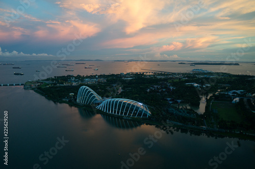 Skyline of Singapore at a beautiful sunset (Drone)