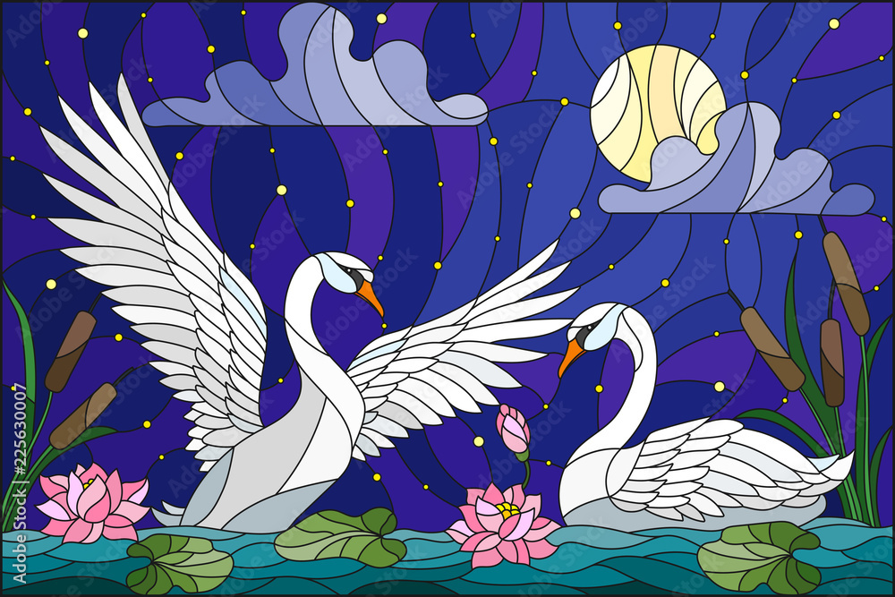 Obraz premium Illustration in stained glass style with pair of Swans , Lotus flowers and reeds on a pond in the moon, starry sky and clouds